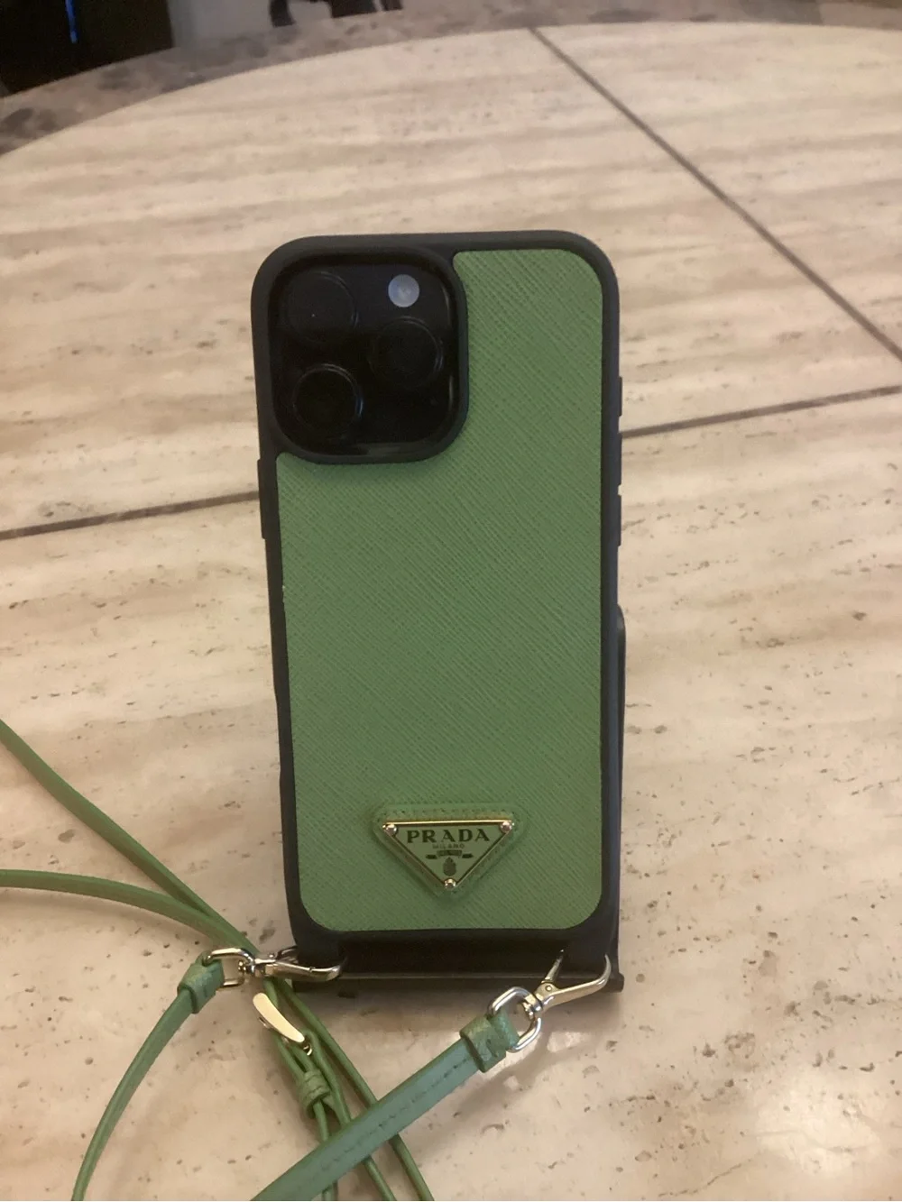 Prada Green Saffiano Leather Crossbody Phone Case with Gold Logo